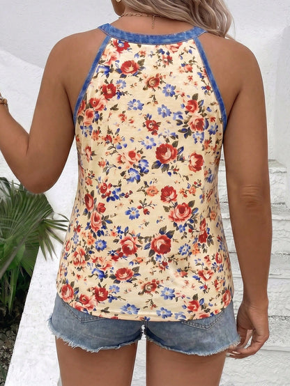 Women's Spring/Summer New Arrival Floral Print Faux Denim Patchwork Trim Casual Plus Size Camisole