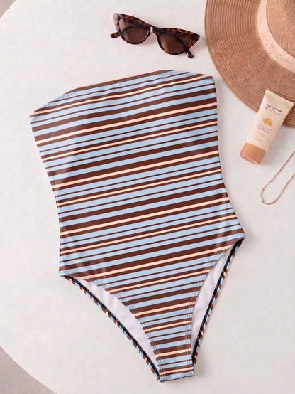 Women's Striped Patchwork Bandeau One-Piece Swimsuit, Suitable For Beach Vacation, Pool Party, Beach Party Summer