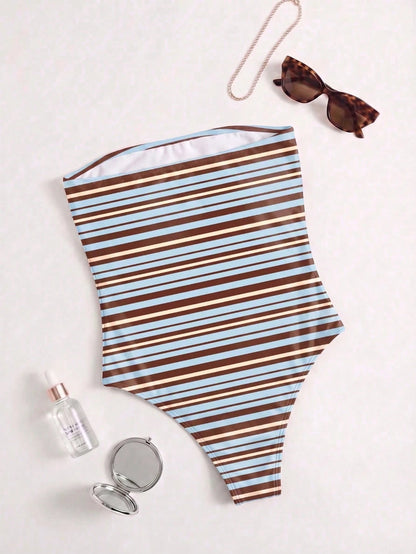 Women's Striped Patchwork Bandeau One-Piece Swimsuit, Suitable For Beach Vacation, Pool Party, Beach Party Summer