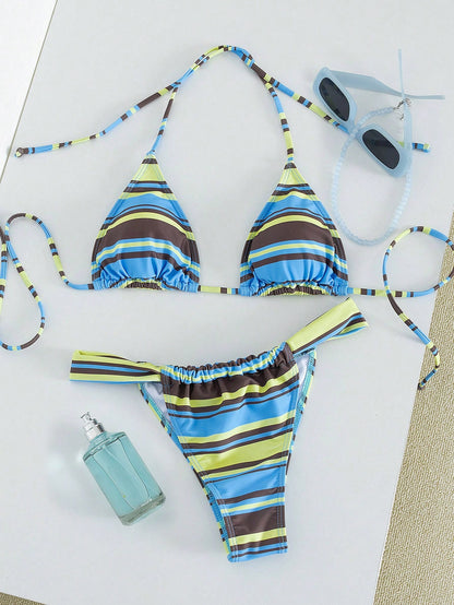 Women's Striped Print Halter Tie Two Pieces Swimwear, Sexy Fashion Minimalist, Suitable For Young Girls, Beach Vacation, Travel And Dating Summer, Vacationcore