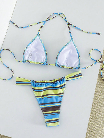 Women's Striped Print Halter Tie Two Pieces Swimwear, Sexy Fashion Minimalist, Suitable For Young Girls, Beach Vacation, Travel And Dating Summer, Vacationcore