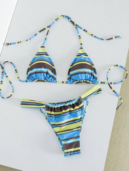 Women's Striped Print Halter Tie Two Pieces Swimwear, Sexy Fashion Minimalist, Suitable For Young Girls, Beach Vacation, Travel And Dating Summer, Vacationcore