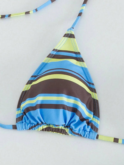 Women's Striped Print Halter Tie Two Pieces Swimwear, Sexy Fashion Minimalist, Suitable For Young Girls, Beach Vacation, Travel And Dating Summer, Vacationcore