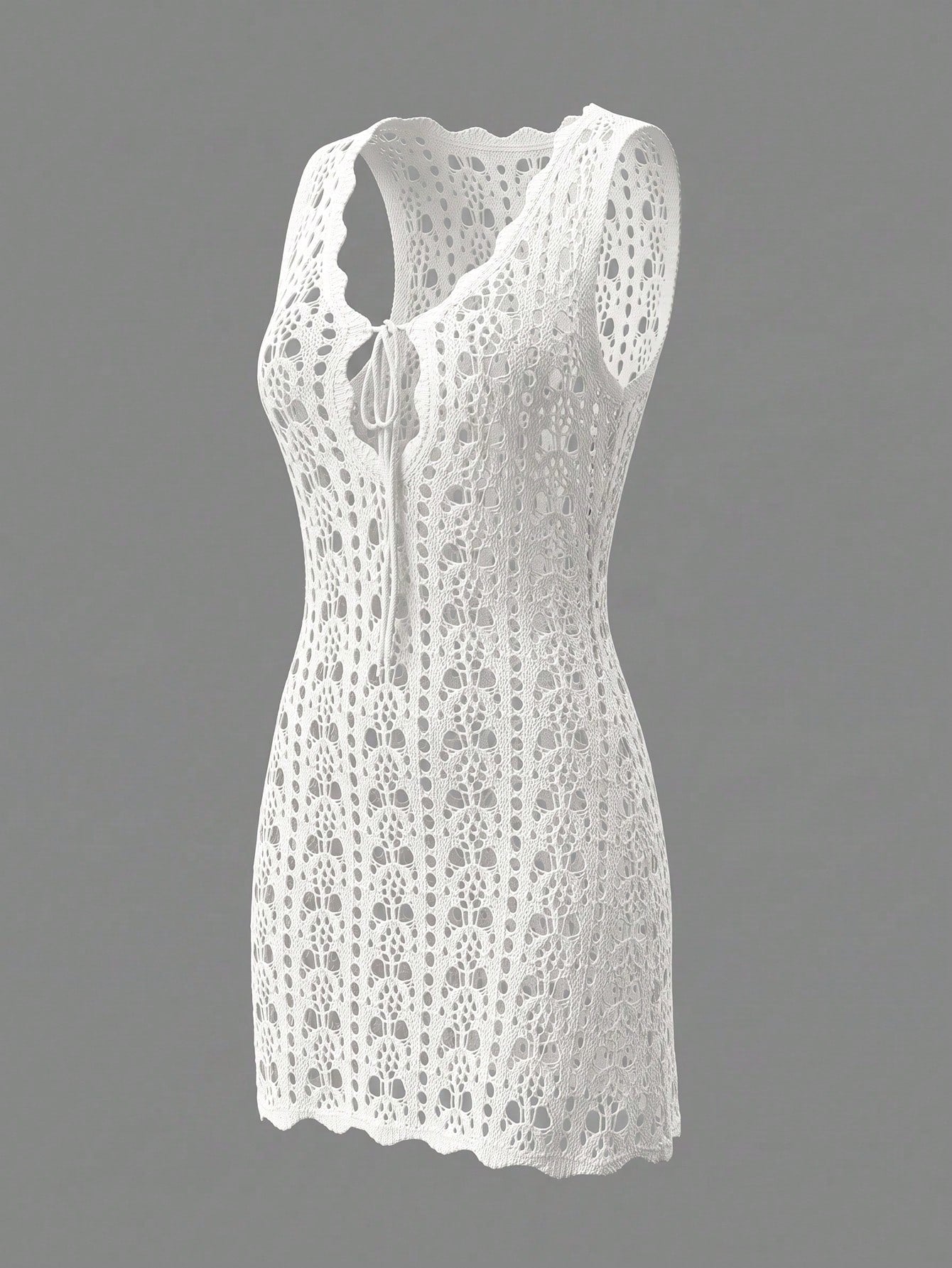 Women's Summer 2026 New Bohemian Style White Hollow Knit Vacation Vibe Sleeveless Short Tank Top Cover-Up Dress Beach