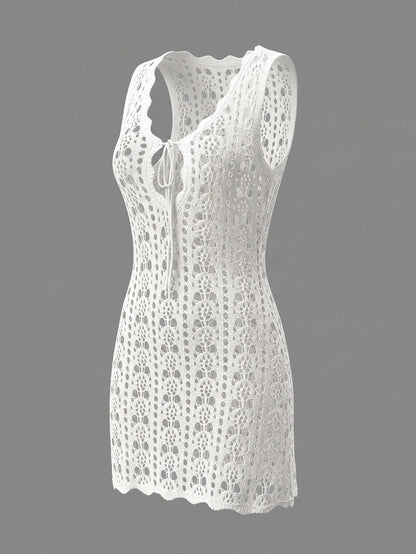 Women's Summer 2026 New Bohemian Style White Hollow Knit Vacation Vibe Sleeveless Short Tank Top Cover-Up Dress Beach