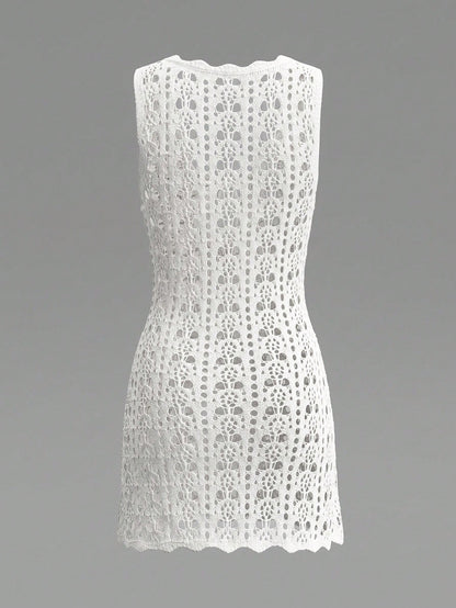 Women's Summer 2026 New Bohemian Style White Hollow Knit Vacation Vibe Sleeveless Short Tank Top Cover-Up Dress Beach
