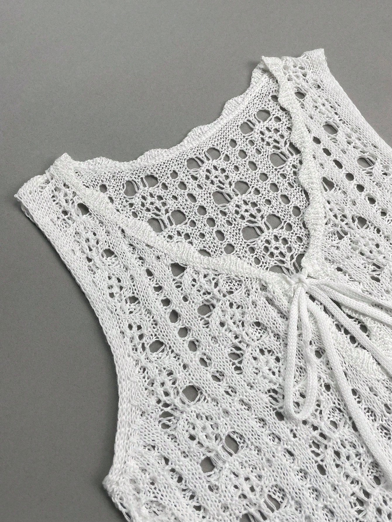 Women's Summer 2026 New Bohemian Style White Hollow Knit Vacation Vibe Sleeveless Short Tank Top Cover-Up Dress Beach