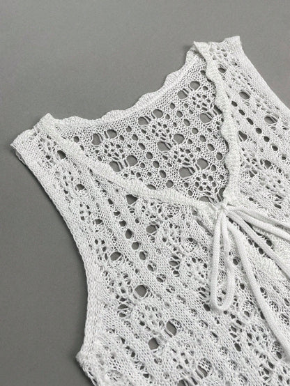 Women's Summer 2026 New Bohemian Style White Hollow Knit Vacation Vibe Sleeveless Short Tank Top Cover-Up Dress Beach