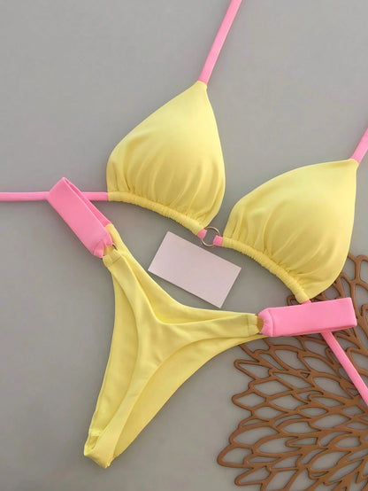 Women's Summer Beach Colorblock Sexy Bikini Swimwear Set Vacation Yellow