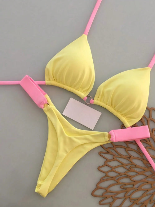 Women's Summer Beach Colorblock Sexy Bikini Swimwear Set Vacation Yellow