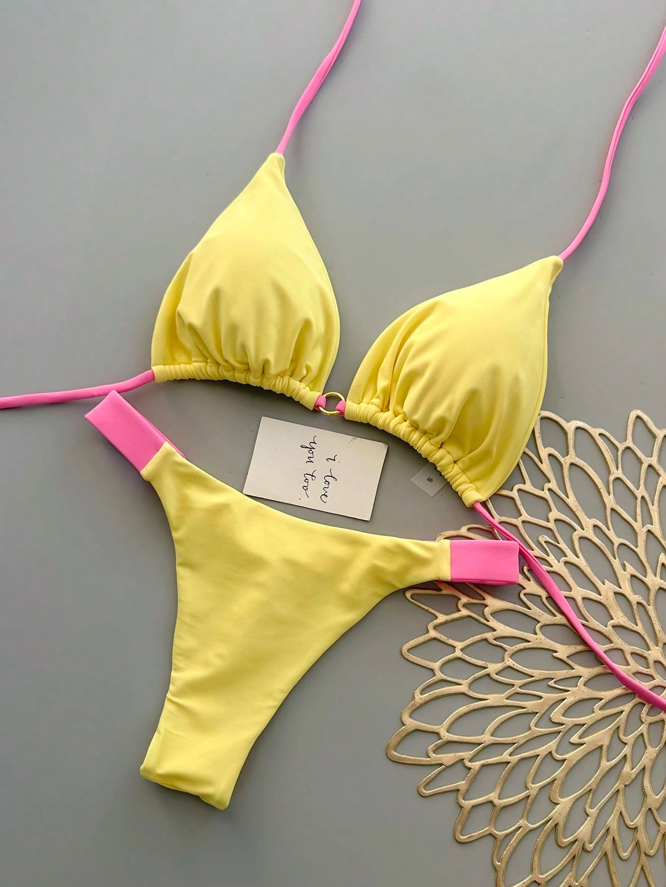 Women's Summer Beach Colorblock Sexy Bikini Swimwear Set Vacation Yellow
