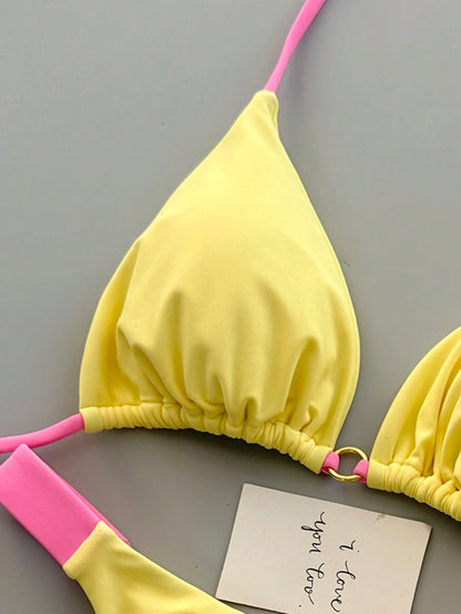 Women's Summer Beach Colorblock Sexy Bikini Swimwear Set Vacation Yellow