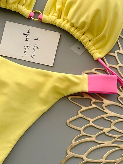 Women's Summer Beach Colorblock Sexy Bikini Swimwear Set Vacation Yellow