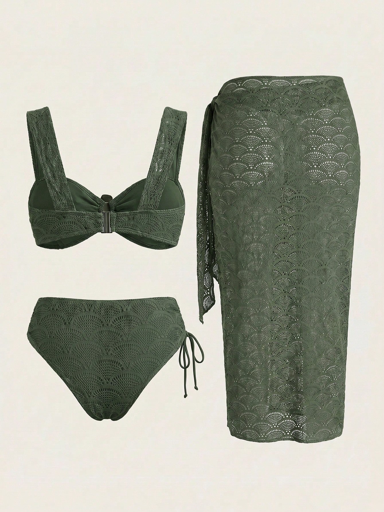 Women's Summer Beach Solid Color Bikini And Triangle Panty Two-Piece Swimsuit Set With Skirt