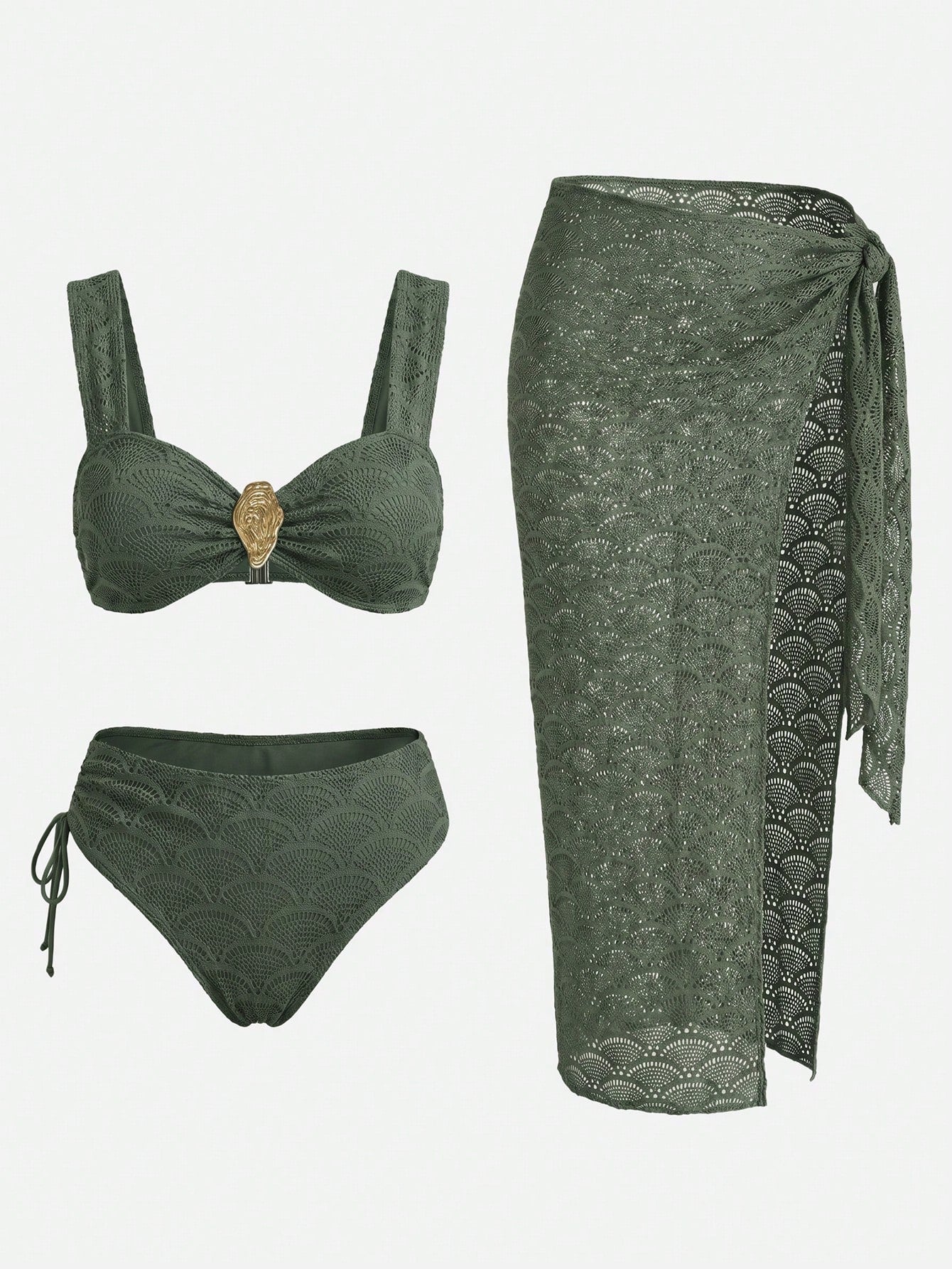Women's Summer Beach Solid Color Bikini And Triangle Panty Two-Piece Swimsuit Set With Skirt