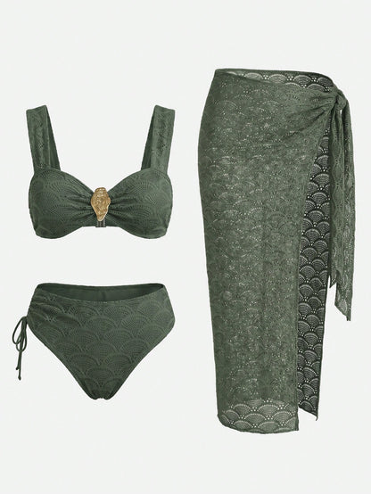 Women's Summer Beach Solid Color Bikini And Triangle Panty Two-Piece Swimsuit Set With Skirt