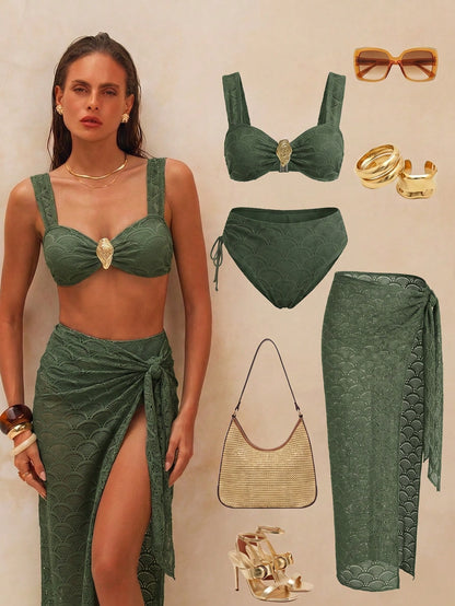 Women's Summer Beach Solid Color Bikini And Triangle Panty Two-Piece Swimsuit Set With Skirt