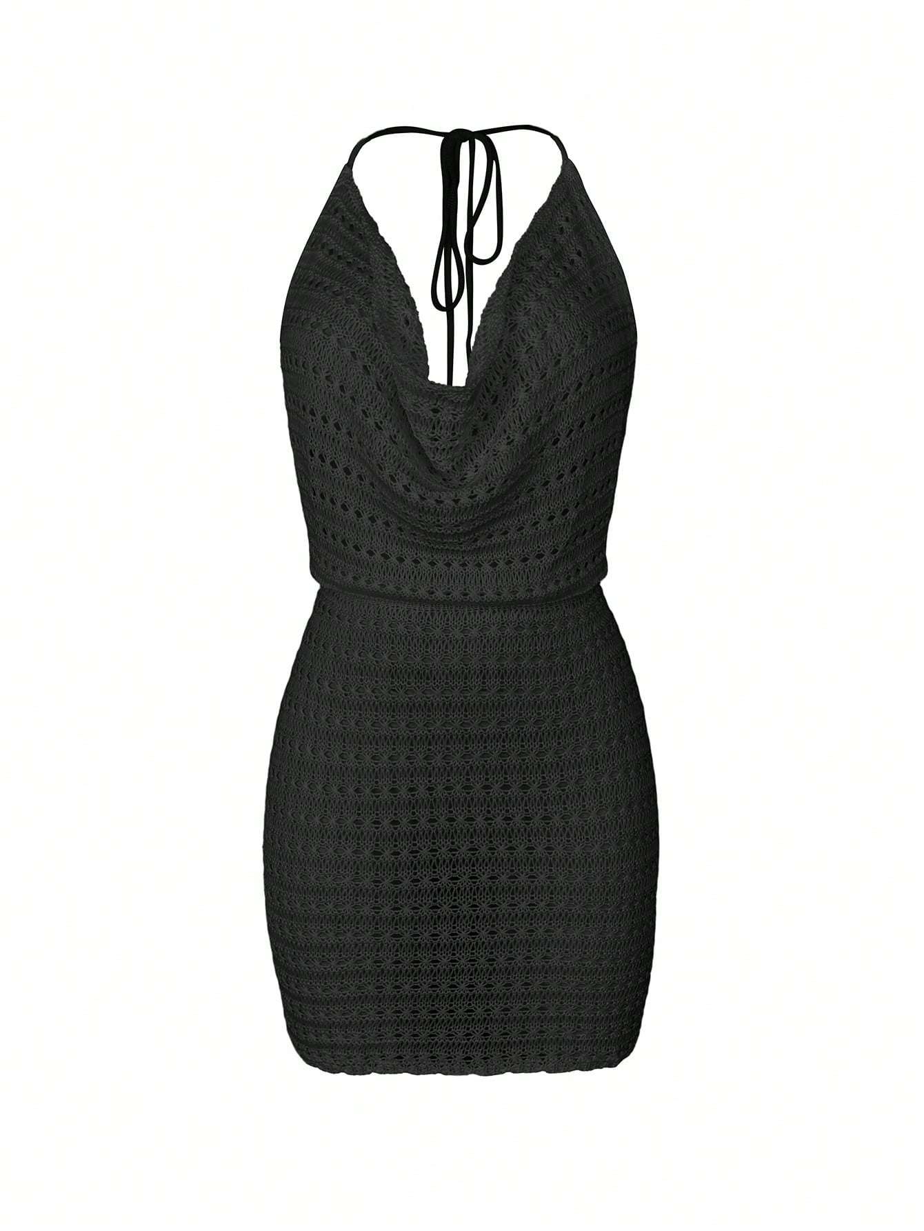 Women's Summer Beach Solid Color Sexy Hollow See-Through Knit Beach Backless Halter Short Cover-Up Dress Vacation Black, Boho