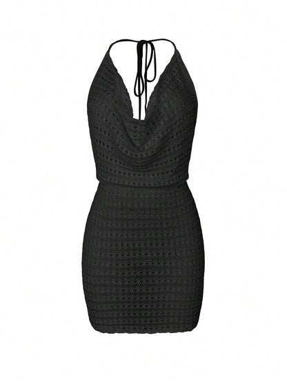 Women's Summer Beach Solid Color Sexy Hollow See-Through Knit Beach Backless Halter Short Cover-Up Dress Vacation Black, Boho