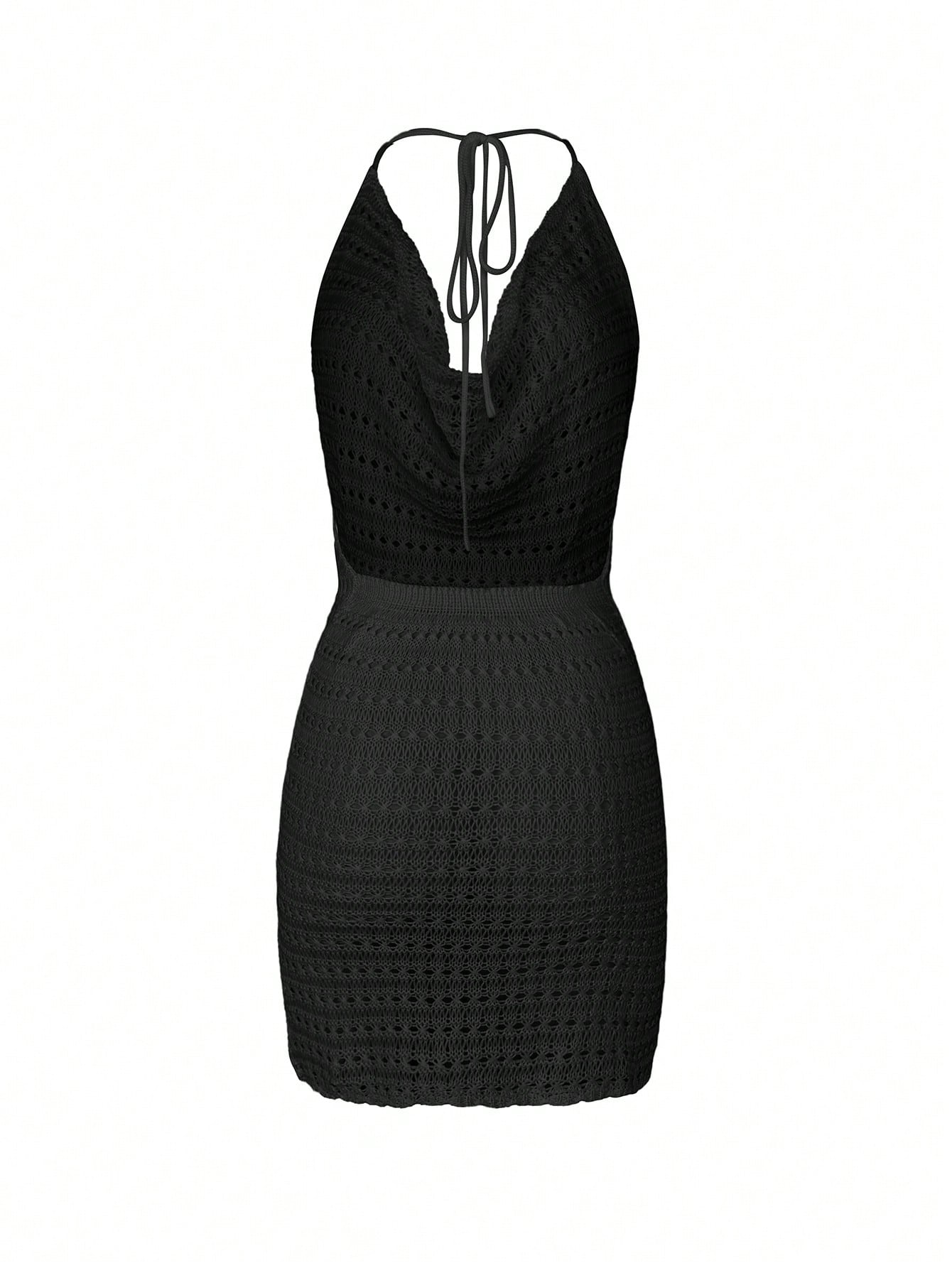 Women's Summer Beach Solid Color Sexy Hollow See-Through Knit Beach Backless Halter Short Cover-Up Dress Vacation Black, Boho