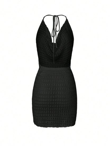 Women's Summer Beach Solid Color Sexy Hollow See-Through Knit Beach Backless Halter Short Cover-Up Dress Vacation Black, Boho