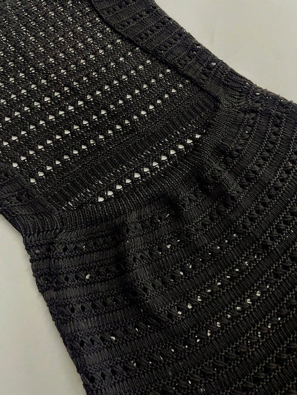 Women's Summer Beach Solid Color Sexy Hollow See-Through Knit Beach Backless Halter Short Cover-Up Dress Vacation Black, Boho