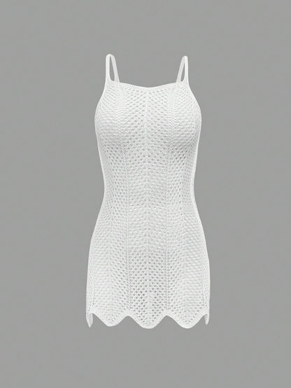 Women's Summer Beach Vacation Bohemian Sleeveless Solid Color Sexy Hollow Out Sheer Short Camisole Dress White
