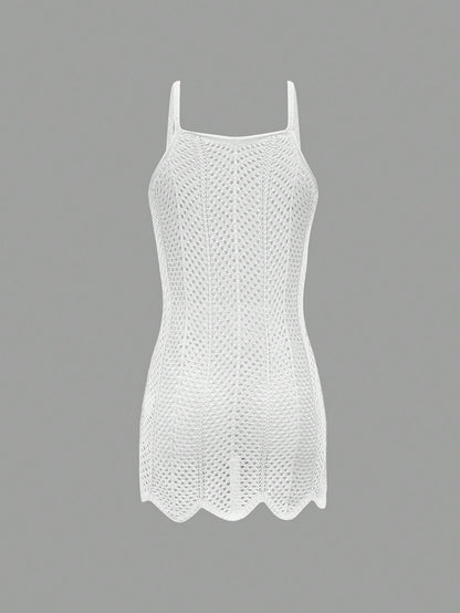 Women's Summer Beach Vacation Bohemian Sleeveless Solid Color Sexy Hollow Out Sheer Short Camisole Dress White