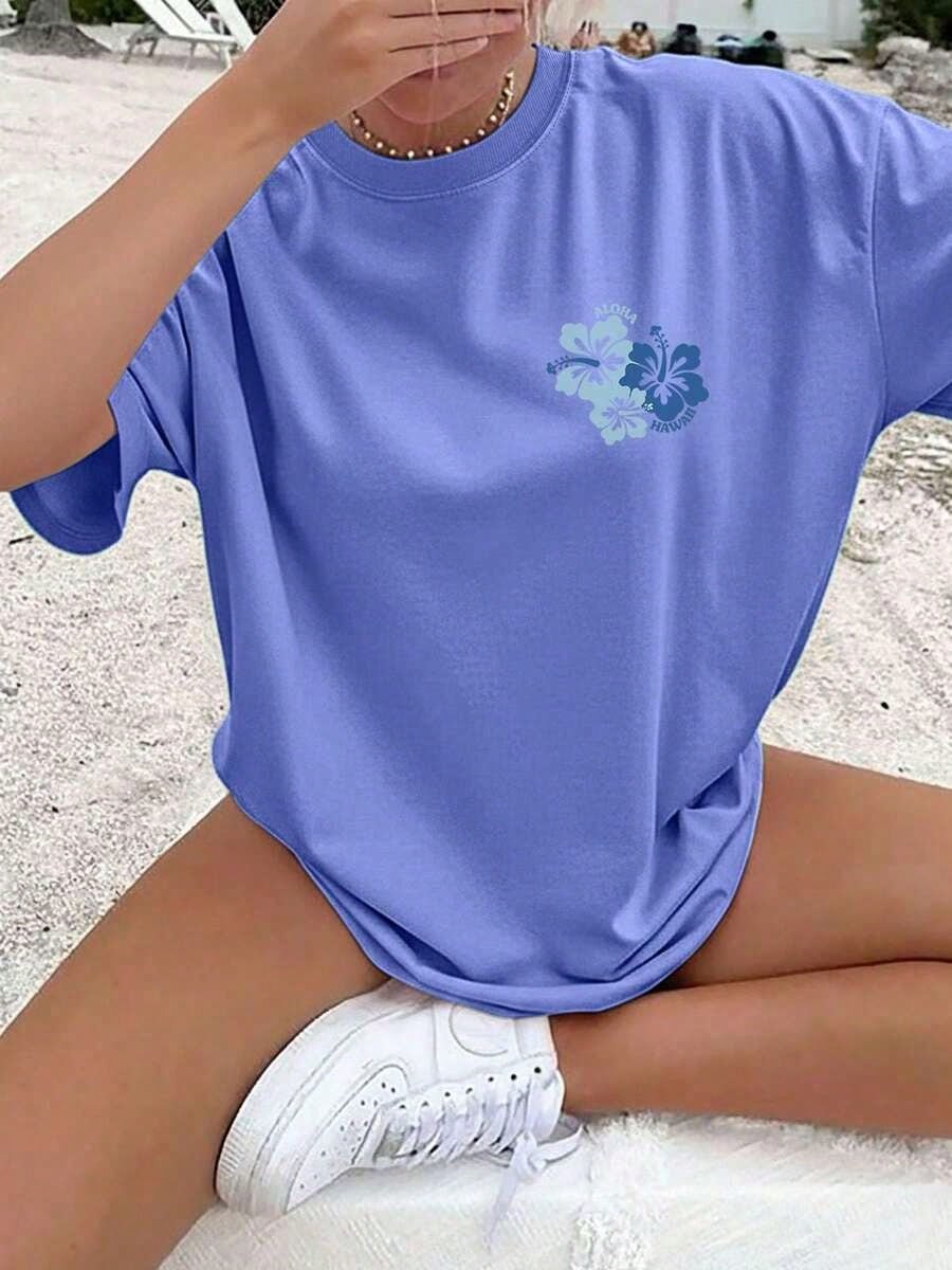 Women's Summer Casual Top, Hibiscus Flower ALOHA HAWAII Print Round-Neck Oversized T-Shirt, Summer Outfits For Women, 100% Cotton, Y2K Style, Cute Top