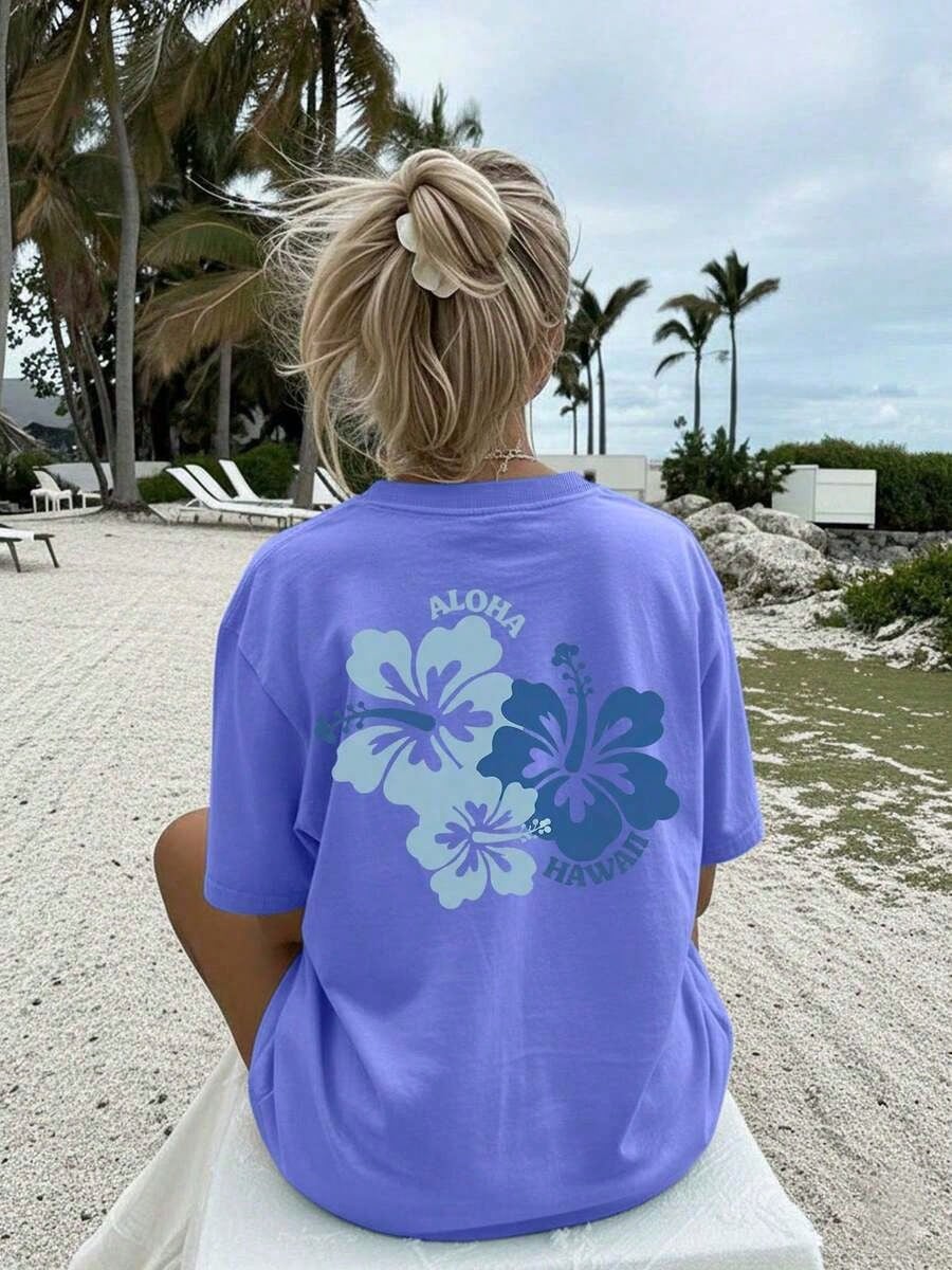 Women's Summer Casual Top, Hibiscus Flower ALOHA HAWAII Print Round-Neck Oversized T-Shirt, Summer Outfits For Women, 100% Cotton, Y2K Style, Cute Top