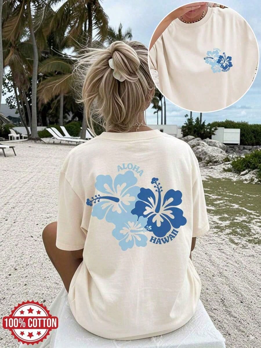 Women's Summer Casual Top, Hibiscus Flower ALOHA HAWAII Print Round-Neck Oversized T-Shirt, Summer Outfits For Women, 100% Cotton, Y2K Style, Cute Top