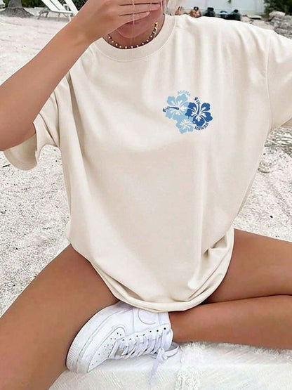 Women's Summer Casual Top, Hibiscus Flower ALOHA HAWAII Print Round-Neck Oversized T-Shirt, Summer Outfits For Women, 100% Cotton, Y2K Style, Cute Top