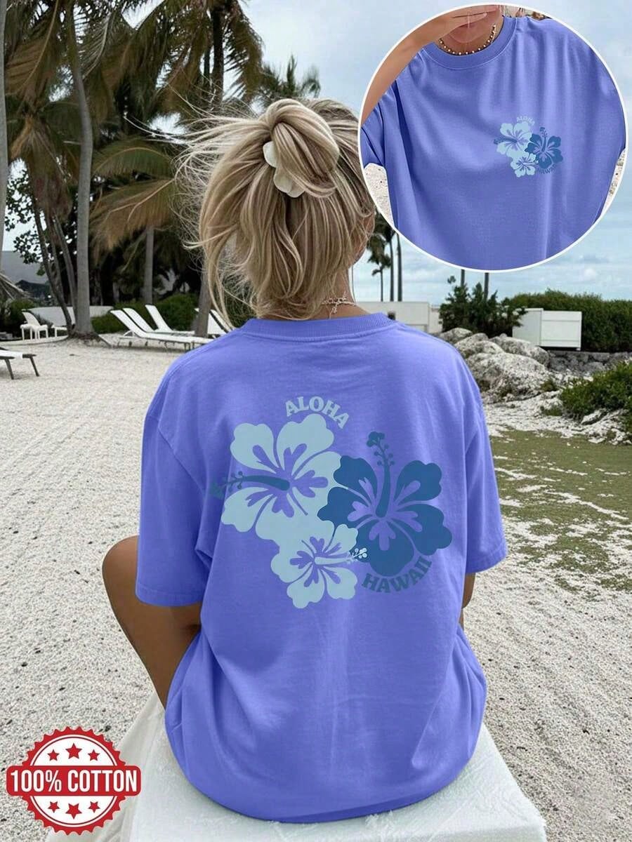 Women's Summer Casual Top, Hibiscus Flower ALOHA HAWAII Print Round-Neck Oversized T-Shirt, Summer Outfits For Women, 100% Cotton, Y2K Style, Cute Top