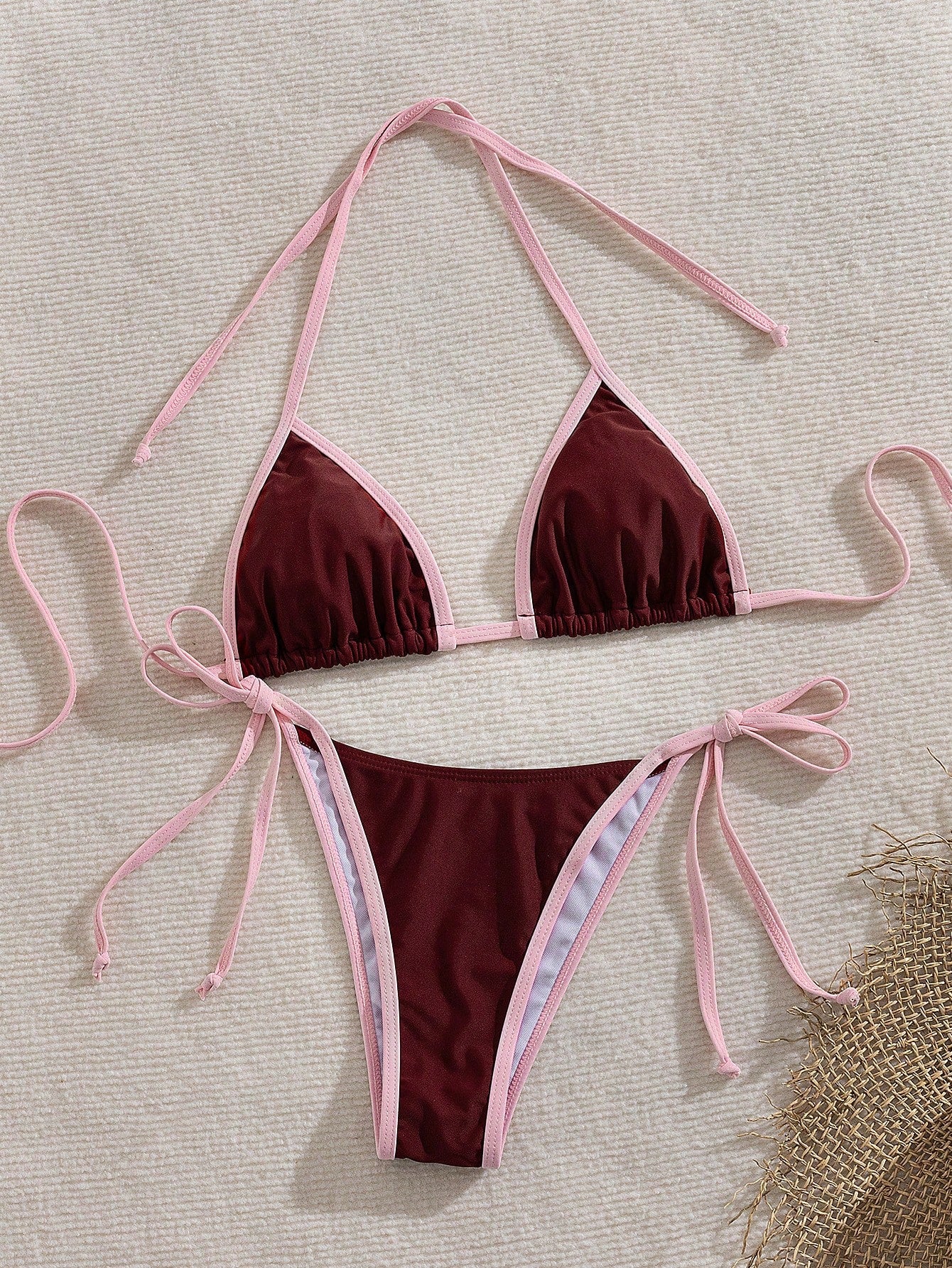 Women's Summer Colorblock Halter Tie Sexy Bikini Beach Vacation Outfit, Elegant Women's Beach Swimwear Pink