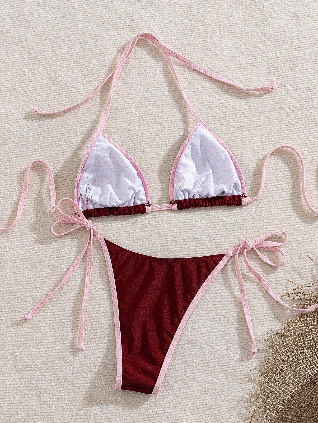 Women's Summer Colorblock Halter Tie Sexy Bikini Beach Vacation Outfit, Elegant Women's Beach Swimwear Pink