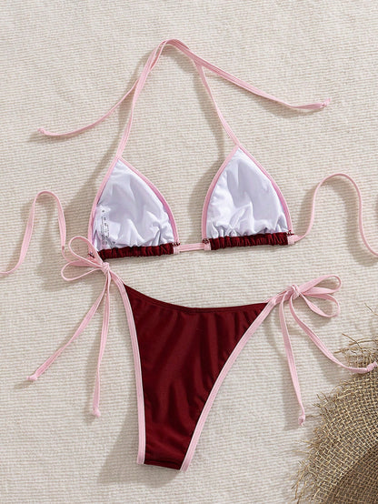 Women's Summer Colorblock Halter Tie Sexy Bikini Beach Vacation Outfit, Elegant Women's Beach Swimwear Pink