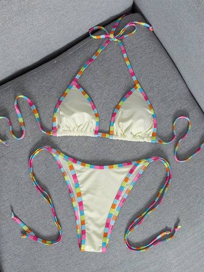 Women's Summer Colorblock Halter Tie Sexy Bikini Beach Vacation Two-Piece Swimsuit Set, Sexy Bikini Swimwear, Elegant Women's Beach Swimwear Pink