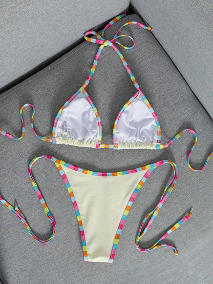 Women's Summer Colorblock Halter Tie Sexy Bikini Beach Vacation Two-Piece Swimsuit Set, Sexy Bikini Swimwear, Elegant Women's Beach Swimwear Pink