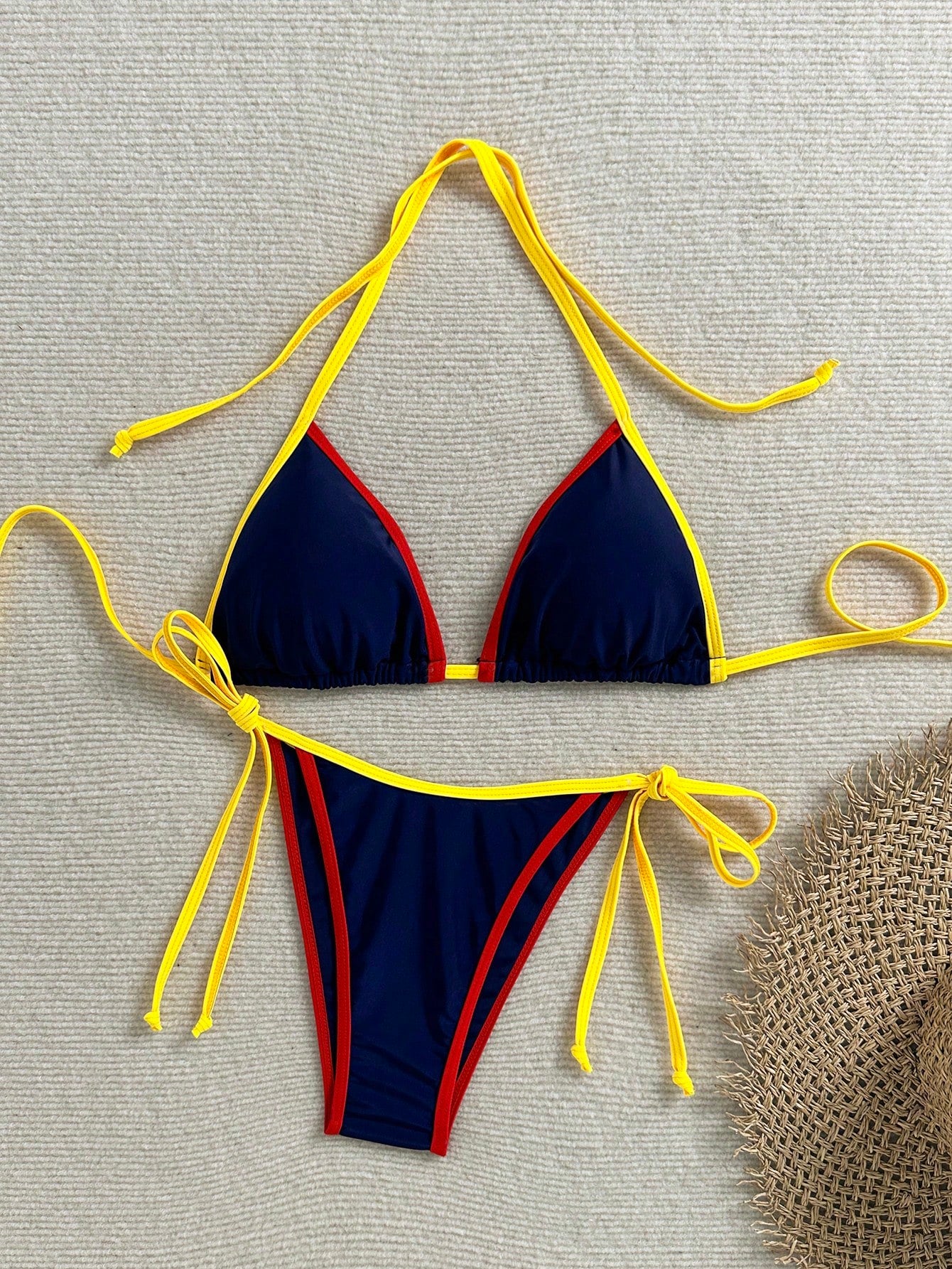 Women's Summer Colorblock Spicy Style Bikini Two-Piece Swimwear Set, Halter Neck Tie Backless Swimwear, Fashion Sexy Bikini, Elegant Women's Beach Swimwear, Suitable For Beach Vacation, Music Festival