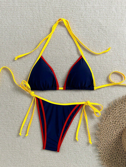 Women's Summer Colorblock Spicy Style Bikini Two-Piece Swimwear Set, Halter Neck Tie Backless Swimwear, Fashion Sexy Bikini, Elegant Women's Beach Swimwear, Suitable For Beach Vacation, Music Festival