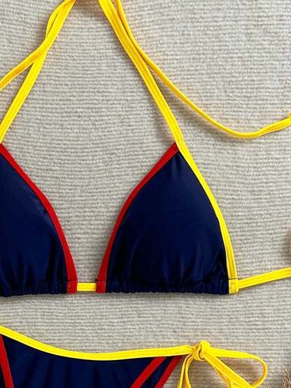 Women's Summer Colorblock Spicy Style Bikini Two-Piece Swimwear Set, Halter Neck Tie Backless Swimwear, Fashion Sexy Bikini, Elegant Women's Beach Swimwear, Suitable For Beach Vacation, Music Festival