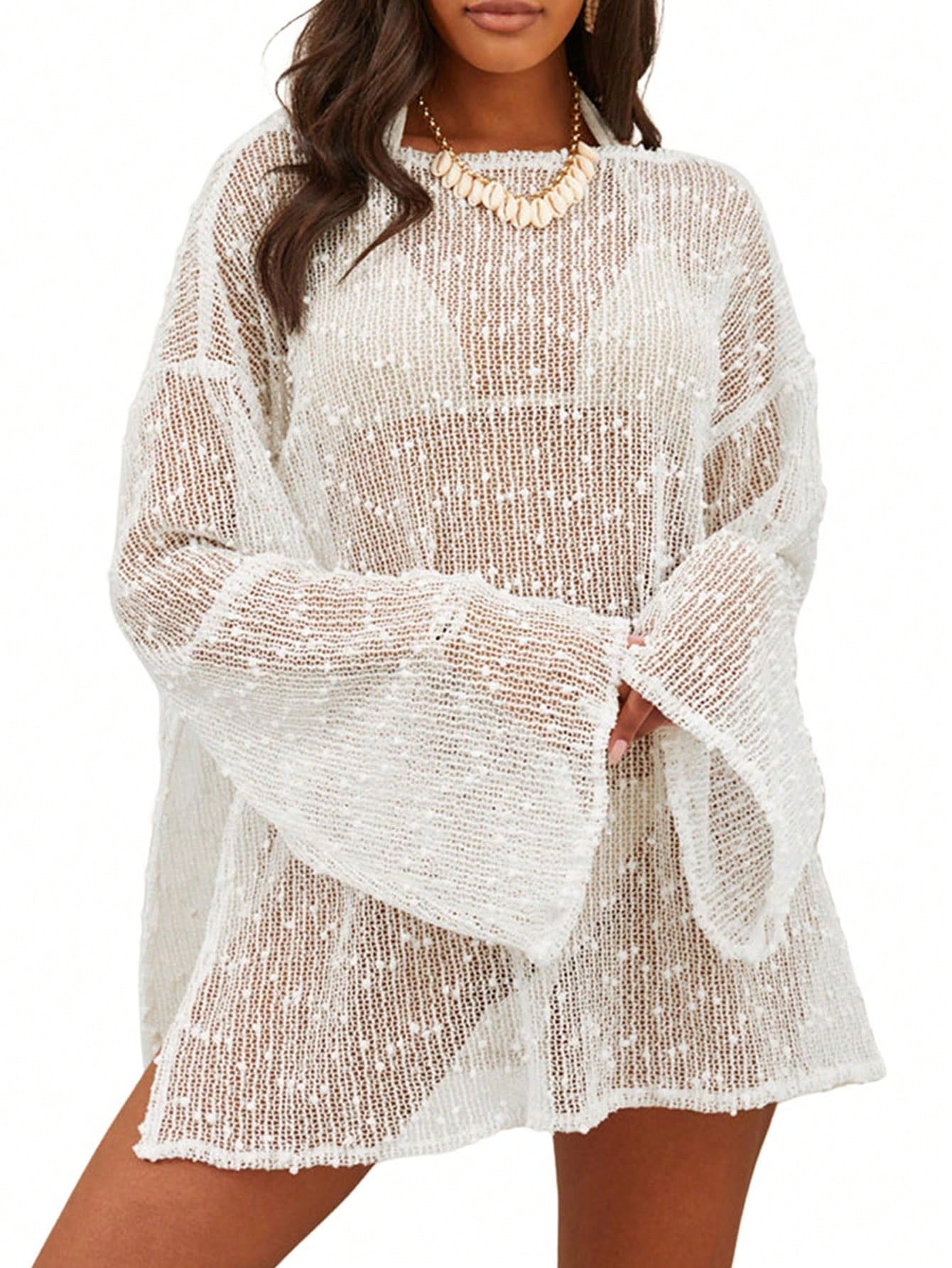 Women's Summer Crochet Sexy Sheer Kaftan Caftan Beach Dress Bathing Suit Swim Coverup One Piece Long Sleeve Mini Dress, For Beach Vacation, For Her