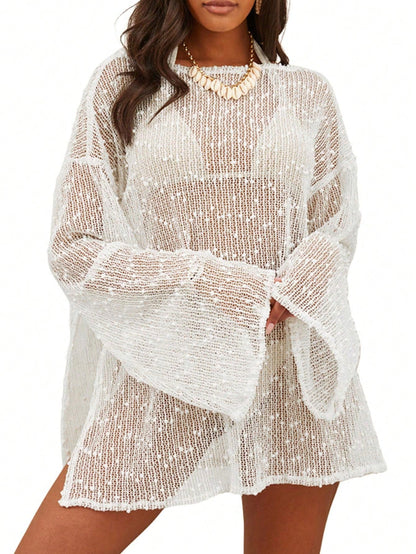 Women's Summer Crochet Sexy Sheer Kaftan Caftan Beach Dress Bathing Suit Swim Coverup One Piece Long Sleeve Mini Dress, For Beach Vacation, For Her