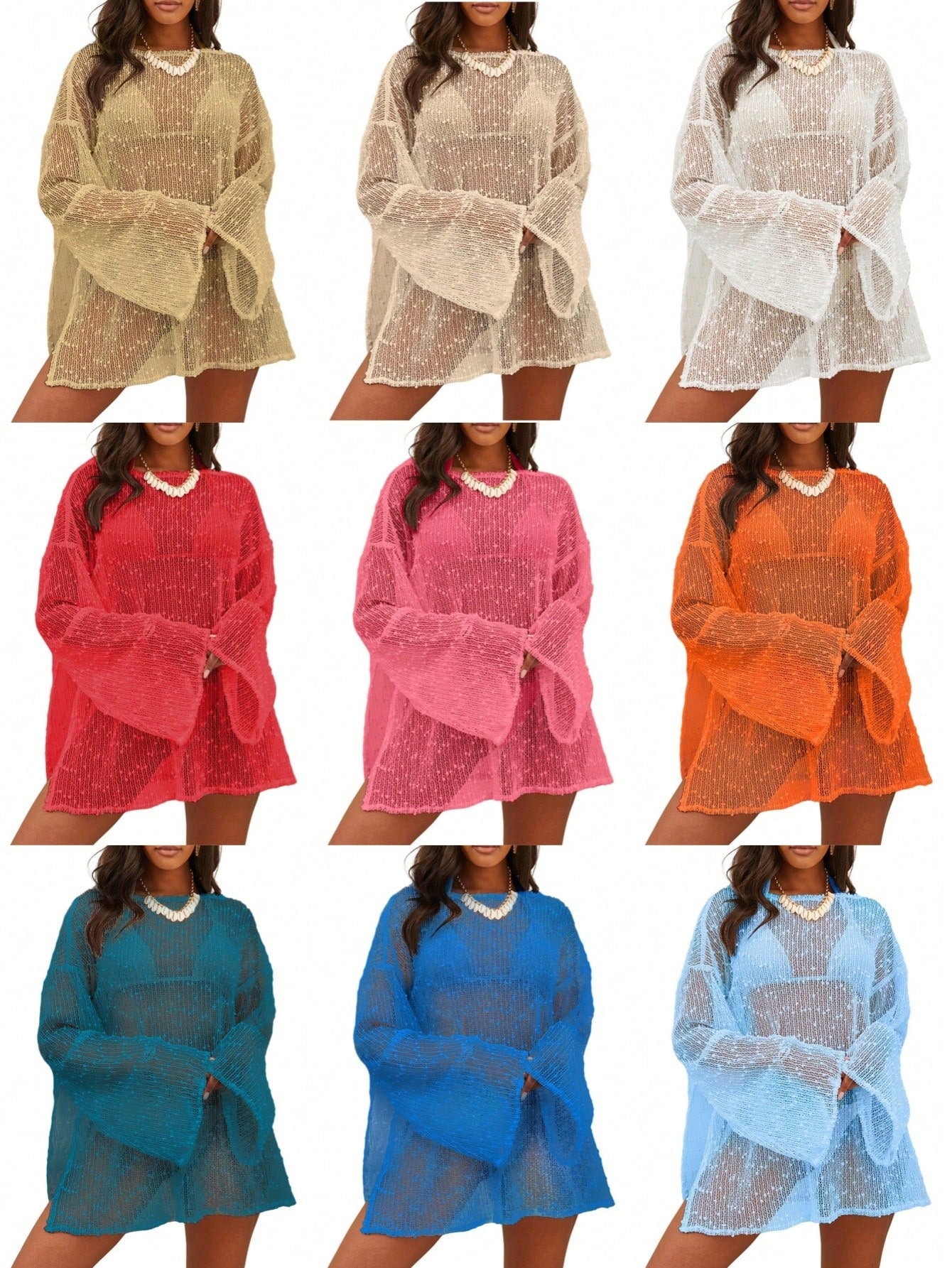 Women's Summer Crochet Sexy Sheer Kaftan Caftan Beach Dress Bathing Suit Swim Coverup One Piece Long Sleeve Mini Dress, For Beach Vacation, For Her