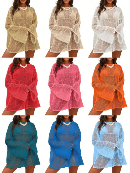 Women's Summer Crochet Sexy Sheer Kaftan Caftan Beach Dress Bathing Suit Swim Coverup One Piece Long Sleeve Mini Dress, For Beach Vacation, For Her