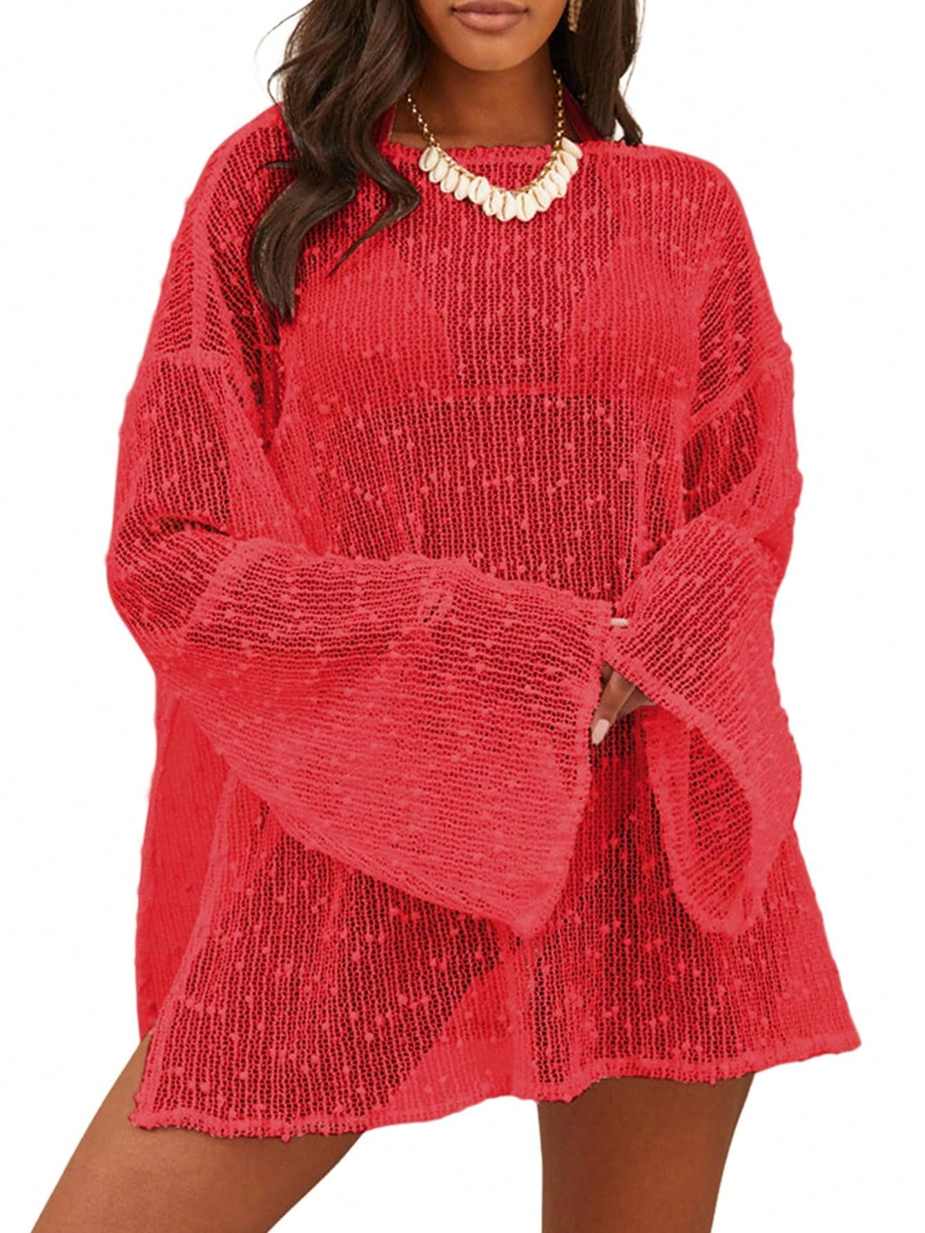 Women's Summer Crochet Sexy Sheer Kaftan Caftan Beach Dress Bathing Suit Swim Coverup One Piece Long Sleeve Mini Dress, For Beach Vacation, For Her
