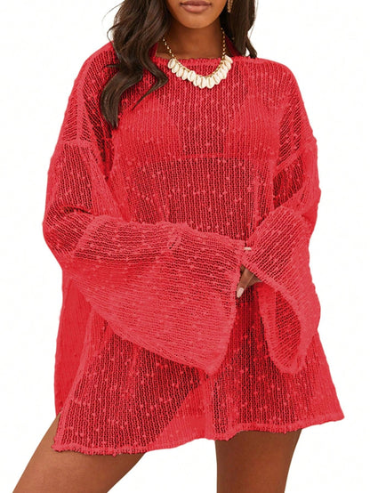Women's Summer Crochet Sexy Sheer Kaftan Caftan Beach Dress Bathing Suit Swim Coverup One Piece Long Sleeve Mini Dress, For Beach Vacation, For Her