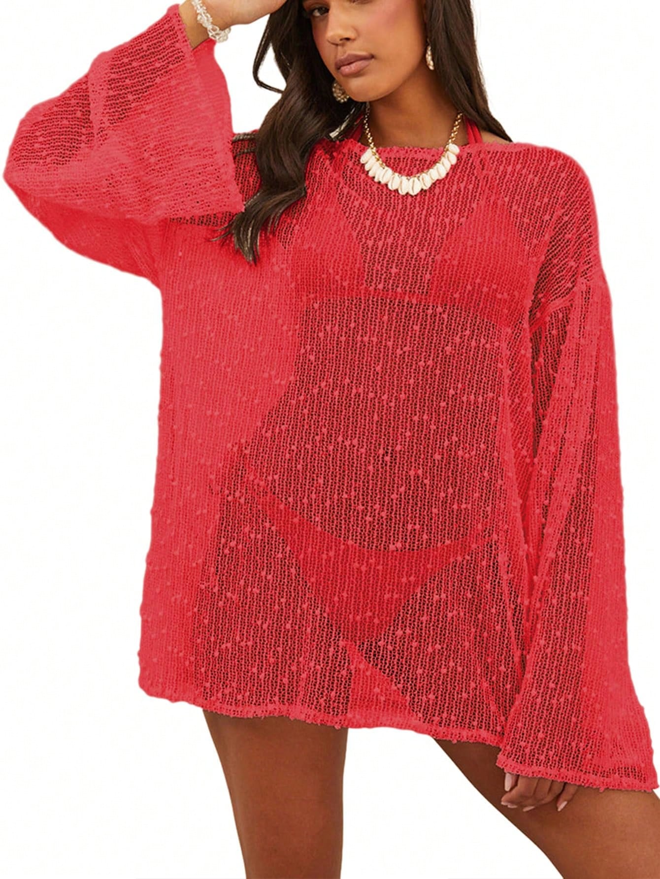 Women's Summer Crochet Sexy Sheer Kaftan Caftan Beach Dress Bathing Suit Swim Coverup One Piece Long Sleeve Mini Dress, For Beach Vacation, For Her