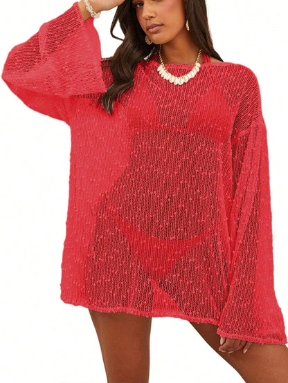 Women's Summer Crochet Sexy Sheer Kaftan Caftan Beach Dress Bathing Suit Swim Coverup One Piece Long Sleeve Mini Dress, For Beach Vacation, For Her