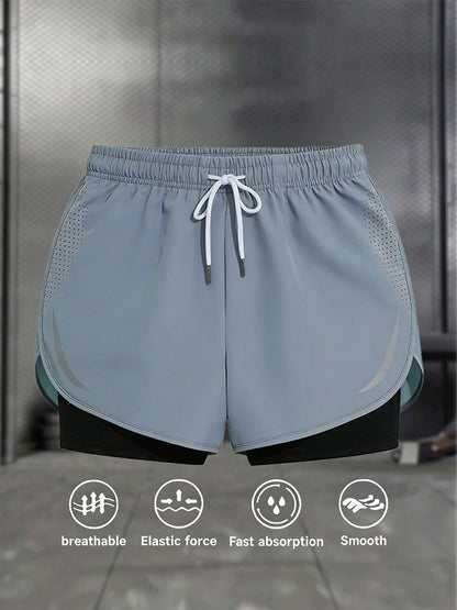 Women's Summer Drawstring Double-Layer Casual Sports Shorts, Suitable For Outdoor Hiking, Cycling, Ball Sports, Running And Indoor Fitness